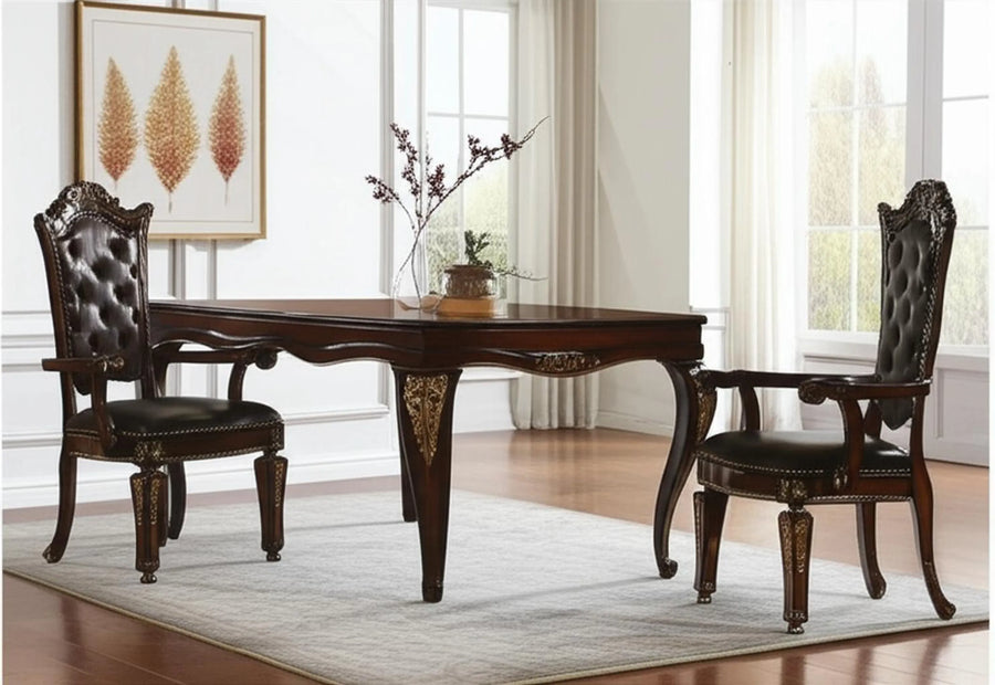 Set of Two Upholstered Faux Leather And Solid Wood Dining Arm Chairs