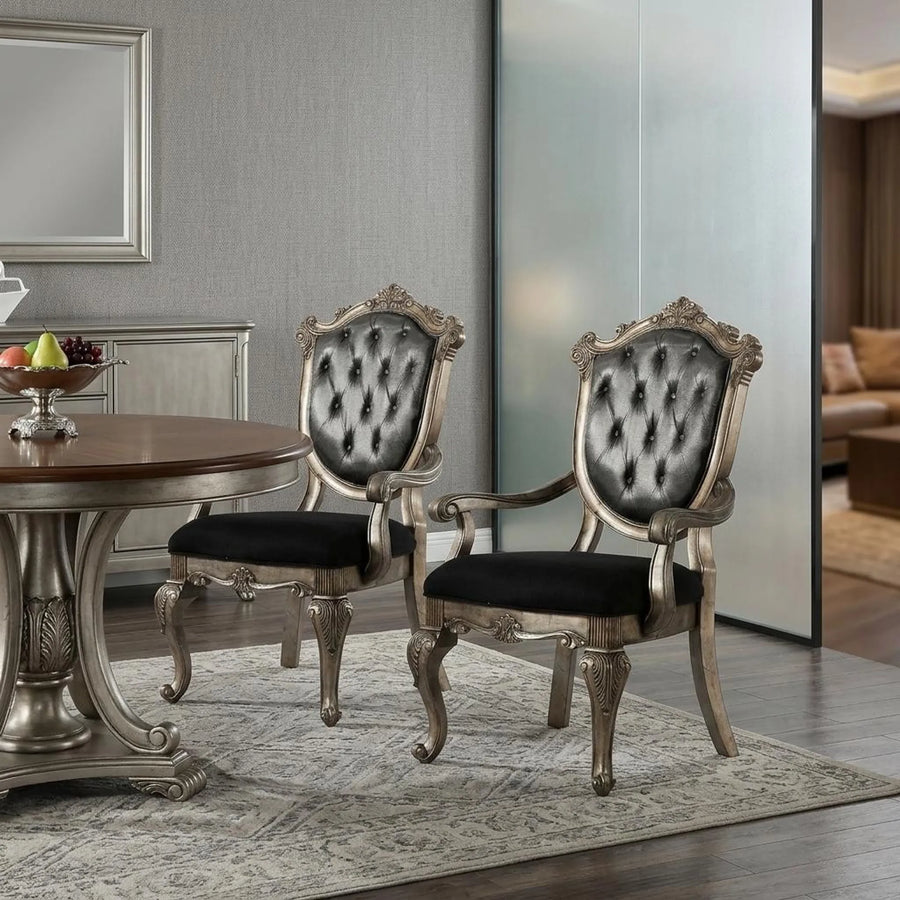 Set of Two Dark Gray And Platinum And Dark Gray Tufted Fabric Open Back Dining