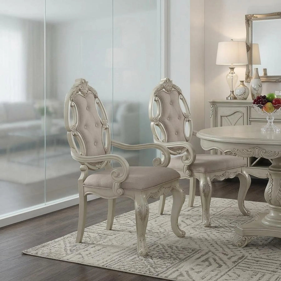 Set of Two Gray And Antiqued White And Gray Tufted Fabric Dining Arm Chairs