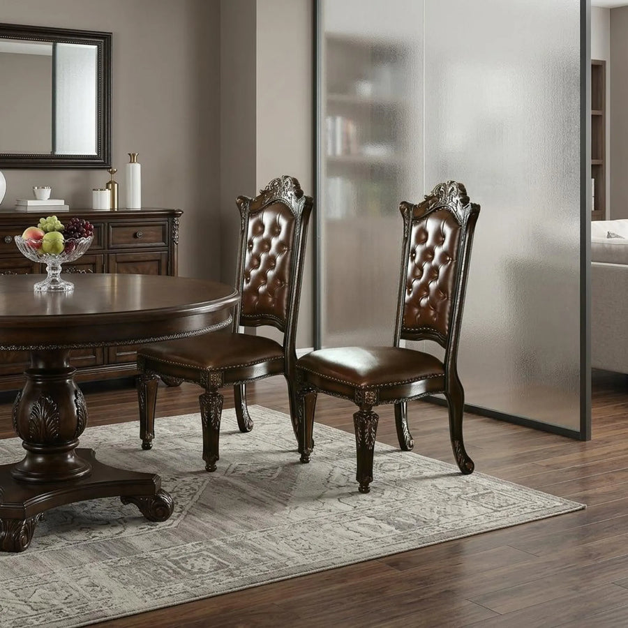 Set of Two Dark Brown And Mahogany And Dark Brown Tufted Faux Leather Dining