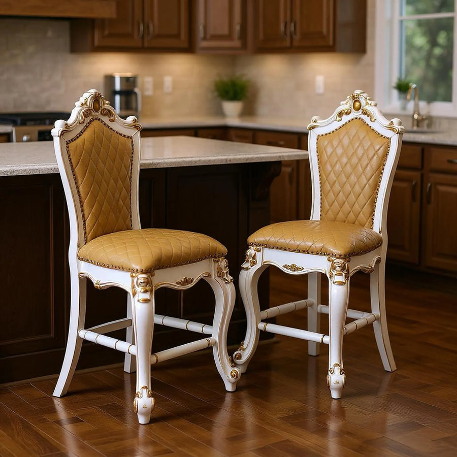 Set of Two Faux Leather and Solid Wood Counter Height Bar Chairs