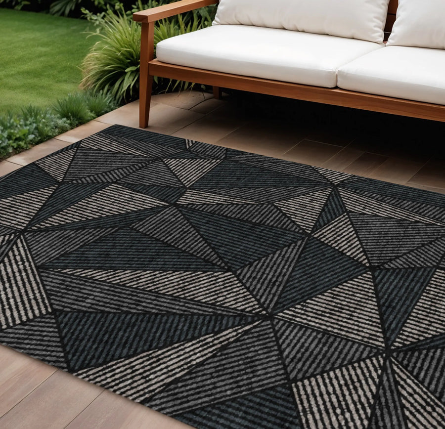 9 × 12 ft Black, Charcoal and Gray Geometric Indoor/Outdoor Rug - 1