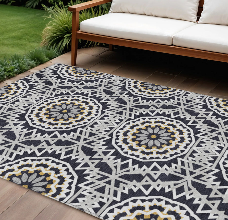 9 × 12 ft Black, Ivory and Gray Floral Indoor/Outdoor Rug - 1