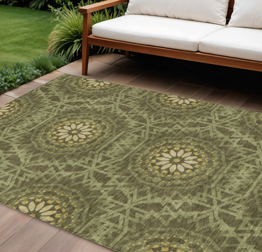 10 × 14 ft Olive Green and Gold Floral Indoor/Outdoor Rug - 1