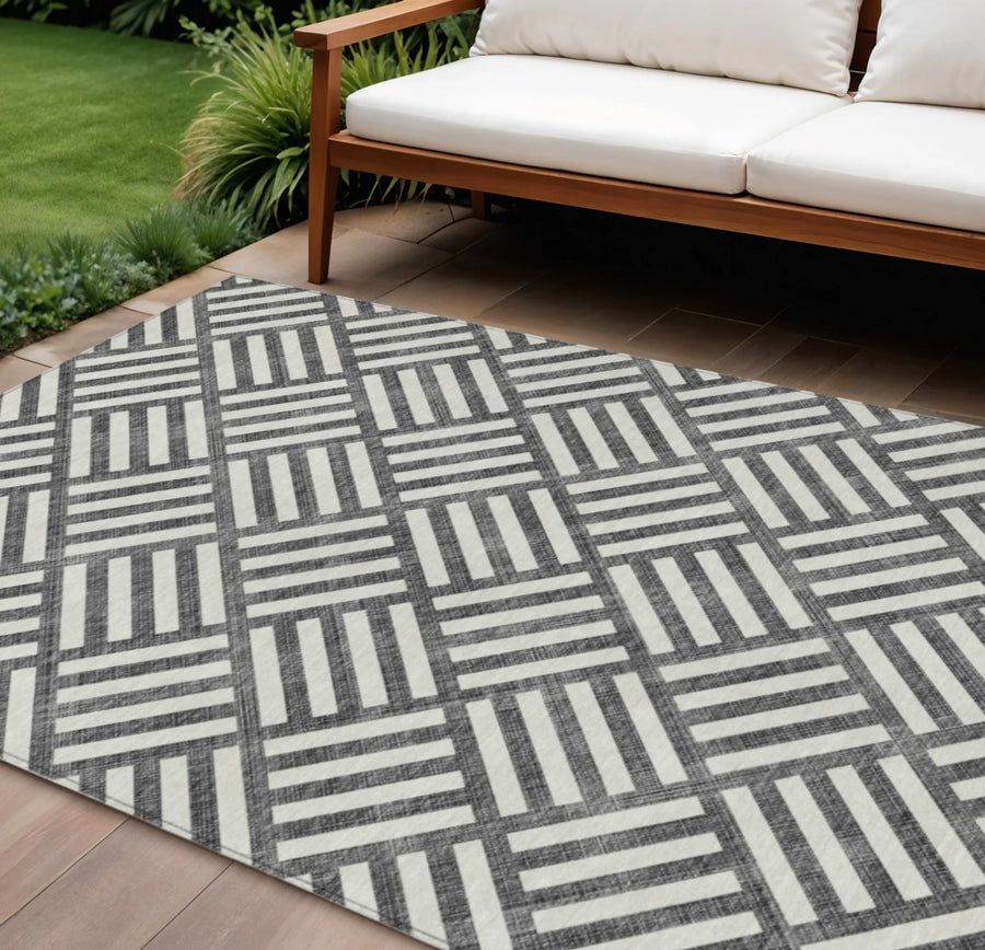 9 × 12 ft Black and Ivory Geometric Washable Indoor/Outdoor Area Rug - 1