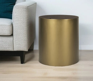 22" Antiqued Gold And Brown Metal And Solid Wood Drum End Table With Storage