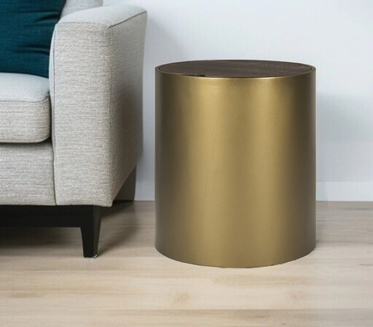 22" Antiqued Gold And Brown Metal And Solid Wood Drum End Table With Storage - 1