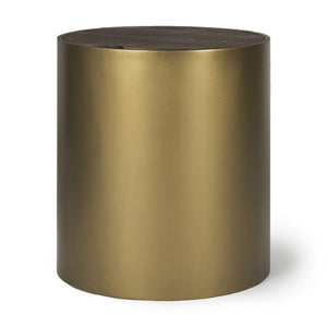 22" Antiqued Gold And Brown Metal And Solid Wood Drum End Table With Storage