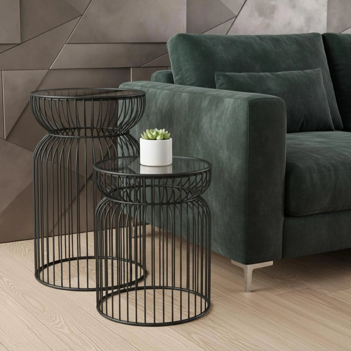 Clear TempeGlass Metal Wire Round Drum End Tables