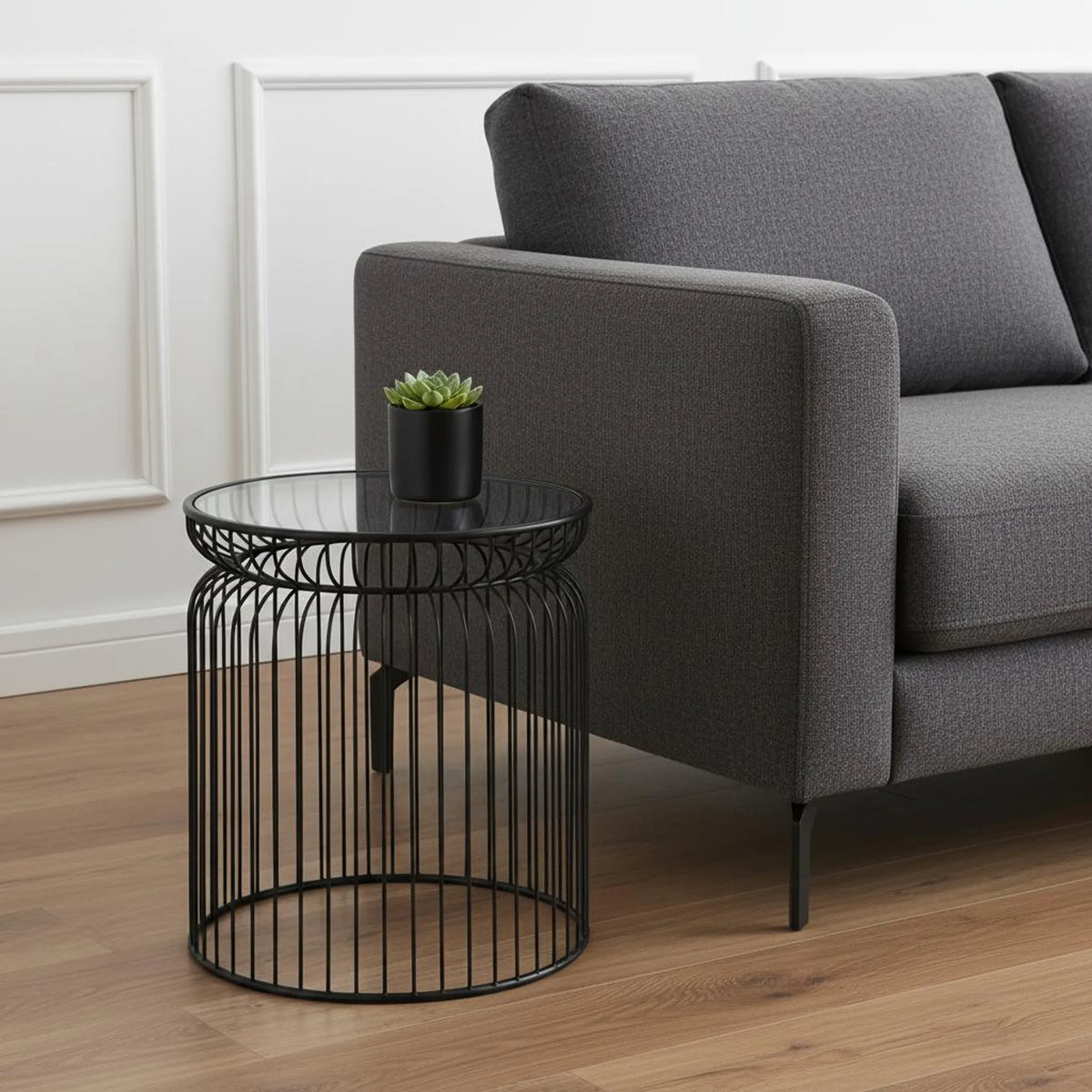 Clear TempeGlass Metal Wire Round Drum End Tables