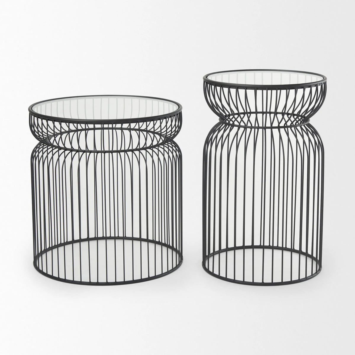 Clear TempeGlass Metal Wire Round Drum End Tables
