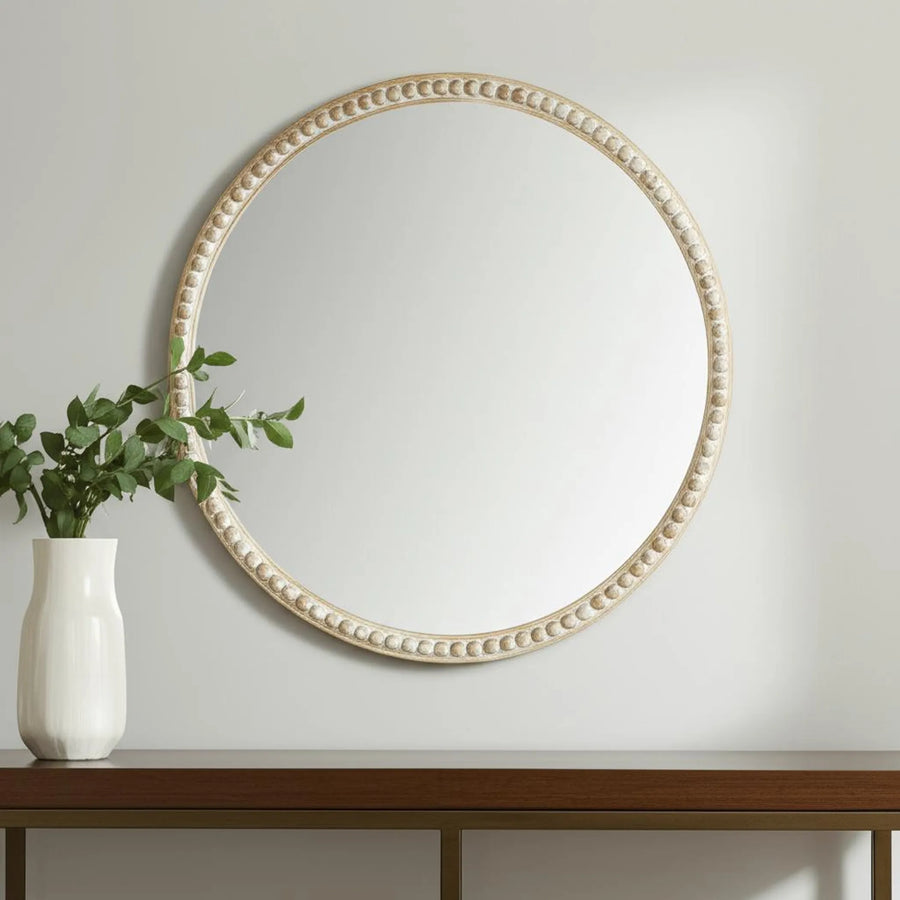 Wood Beaded Round Framed Accent Mirror