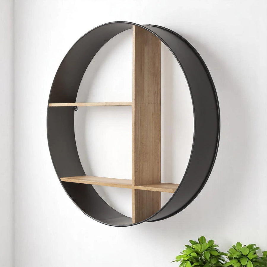 36" Black And Brown Metal And Wood Circular Multi Tier Shelf - 1