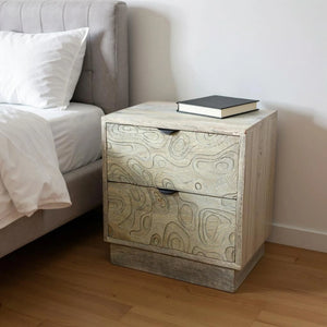 Wood Carved Abstract Two Drawer Nightstand