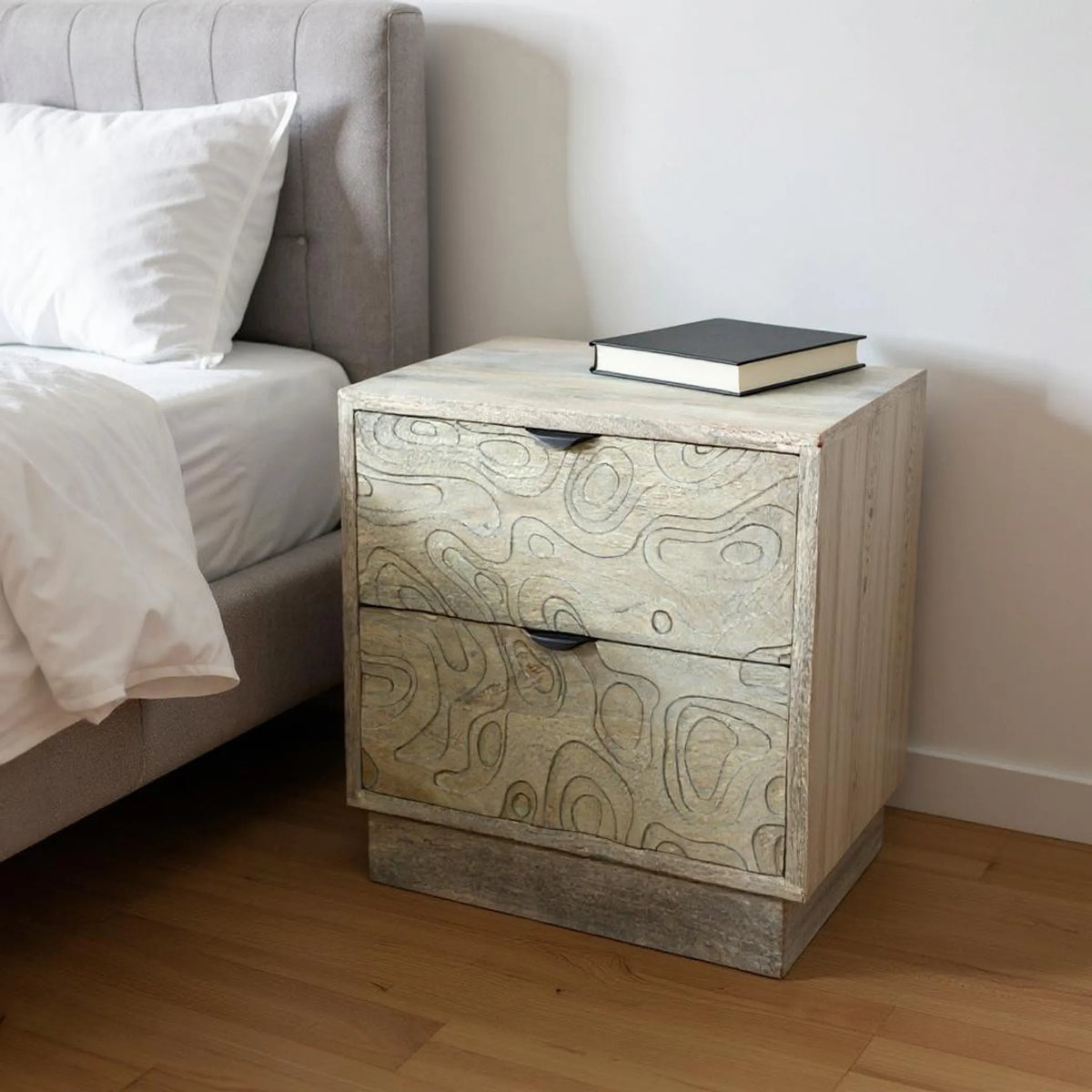Wood Carved Abstract Two Drawer Nightstand
