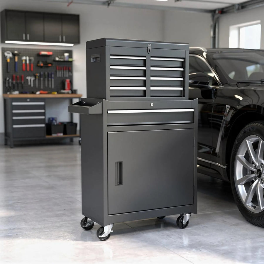 Set of Two Black Multi-Tier Steel Nine Drawer Rolling Storage Cabinet With Lid