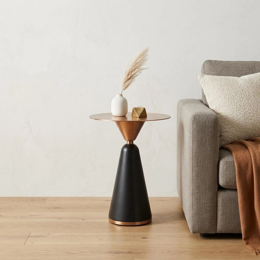 24" Rose Gold and Black Stainless Steel and Steel Round Pedestal End Table - 1