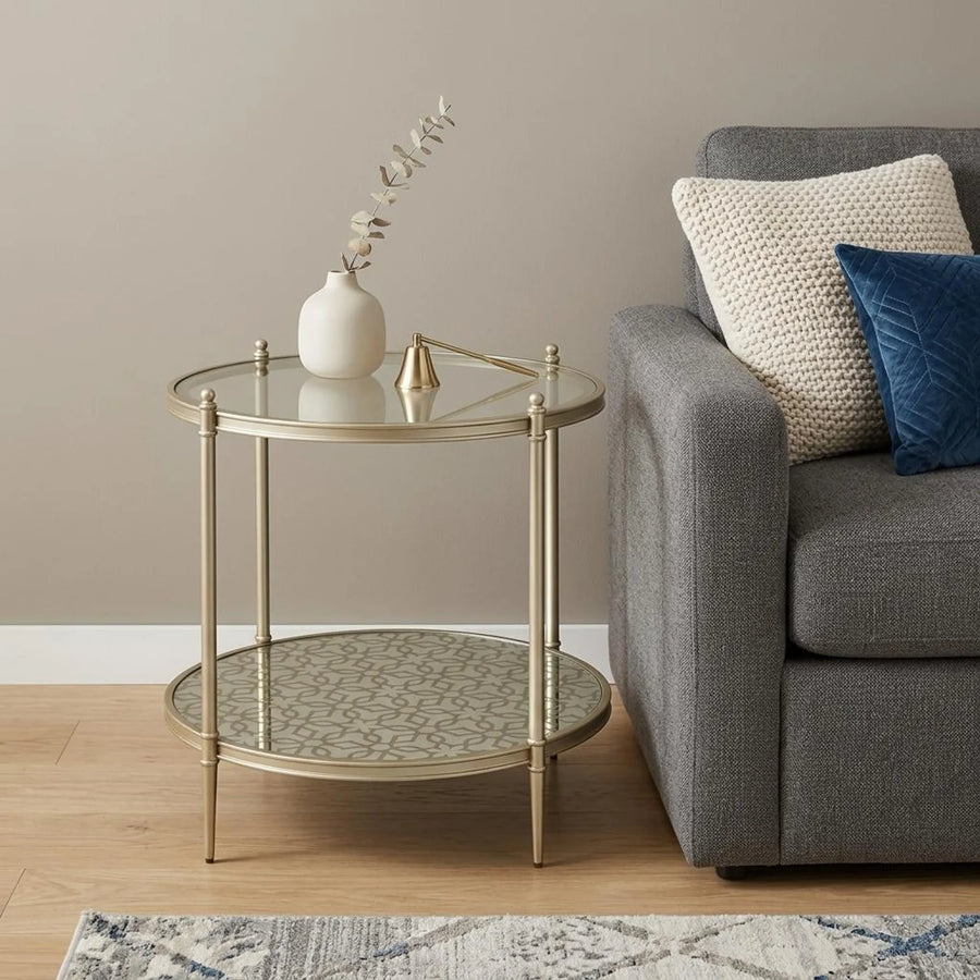 24" Clear and Champagne Tempered Glass and Iron Round End Table With Shelf - 1