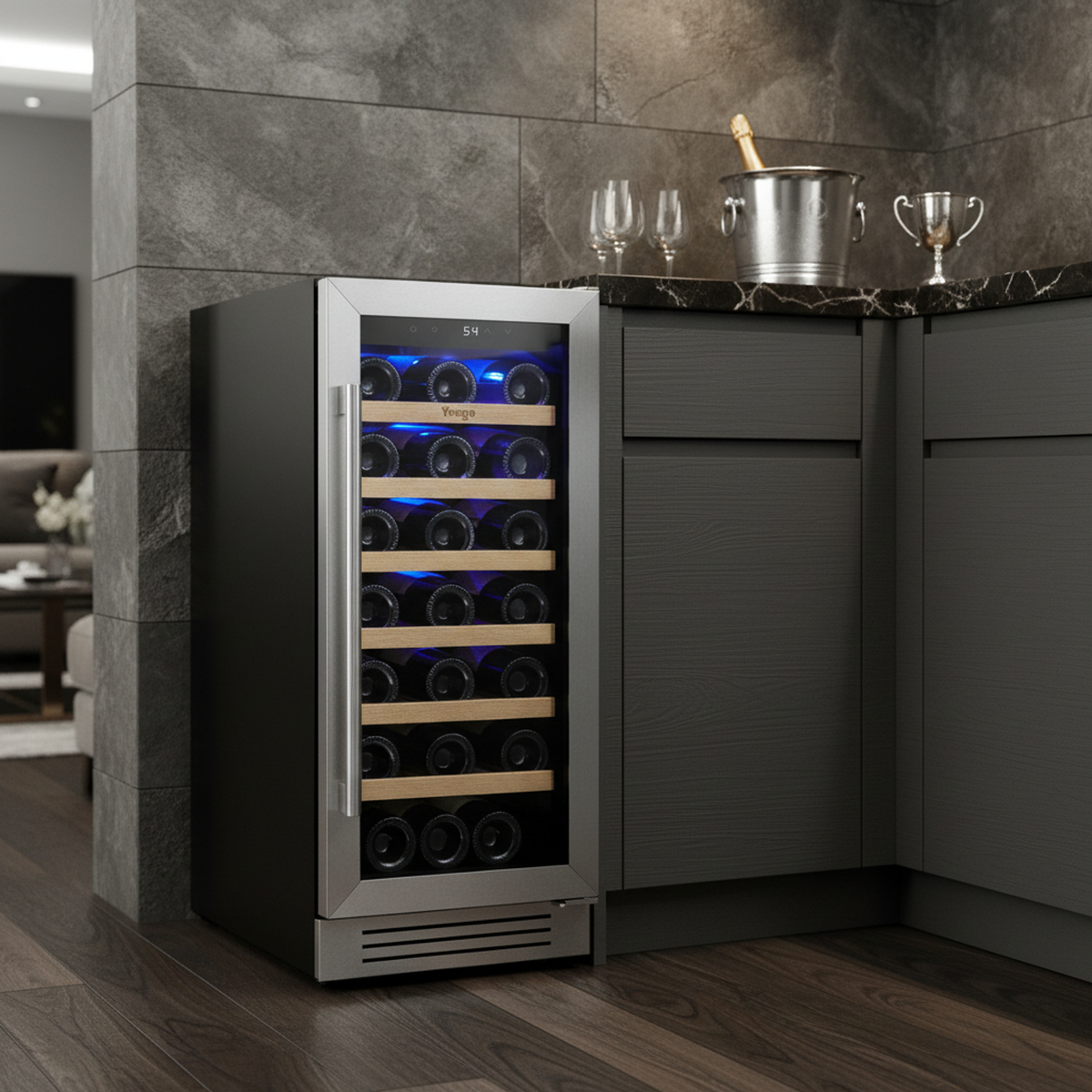 34" X 15" Silver Stainless Steel Single Compartment Wine Refrigerator