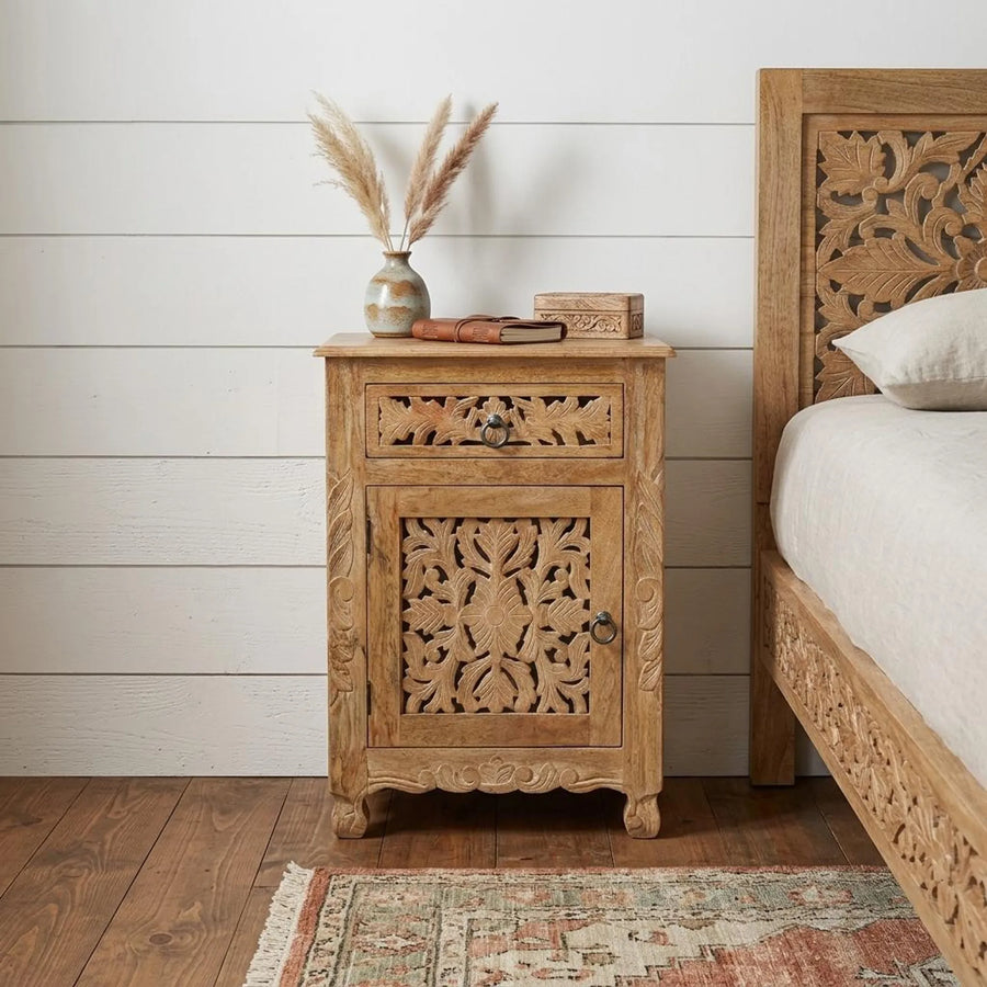 30" Natural Solid Wood Distressed Carved Floral One Drawer Nightstand - 1