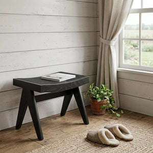 22" Black Solid Wood and Cane Bench - 1