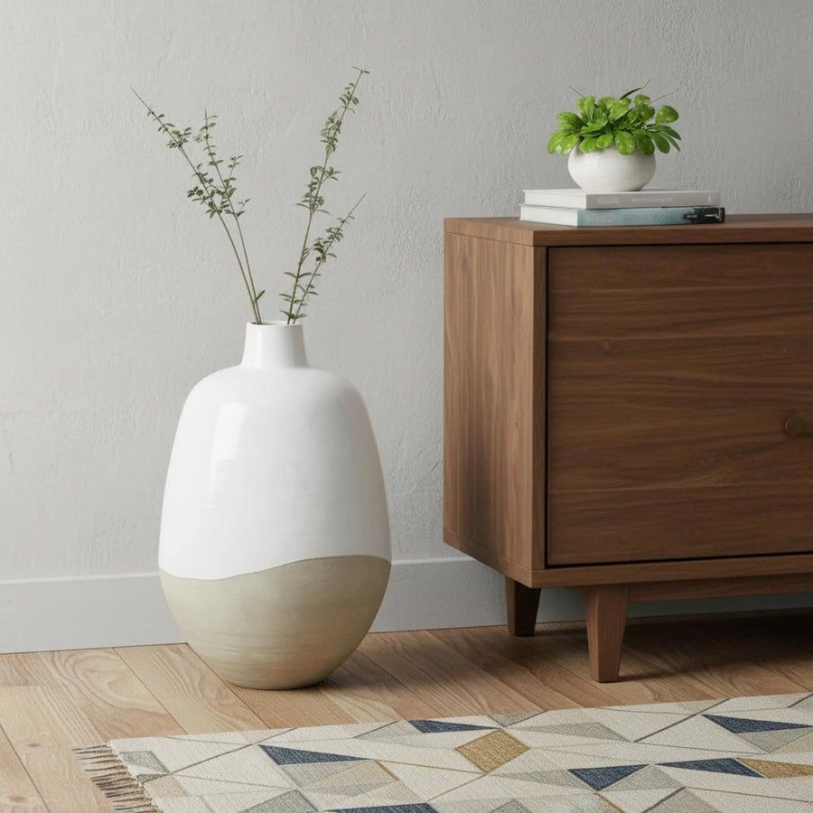 32" White And Beige Color Block Ceramic Round Floor Vase - 1