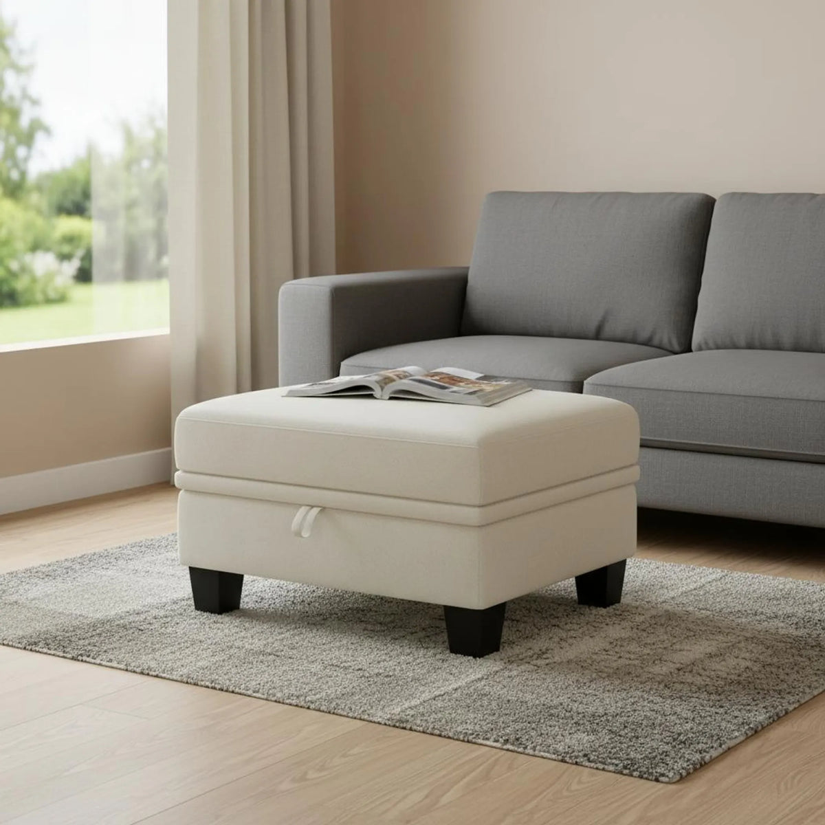 29" Beige And Black Chenille Ottoman With Storage - 1