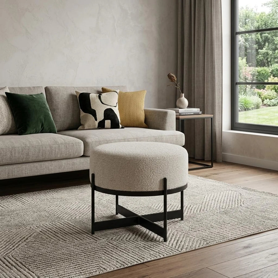 21" Cream and Black Boucle And Metal Round Pouf Ottoman - 1