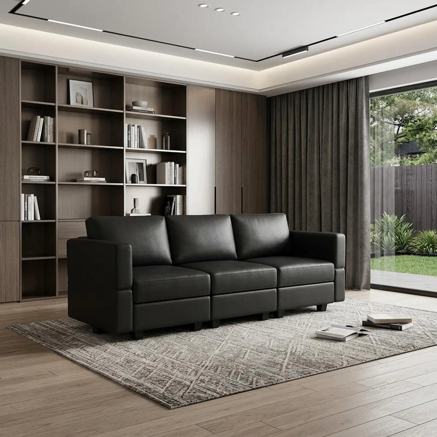 79" Black Faux Leather Modular Sofa And Storage - 1