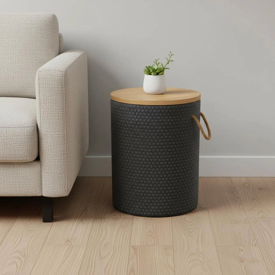 14" Natural and Black Solid Wood and Faux Concrete Round Outdoor Side Table - 1