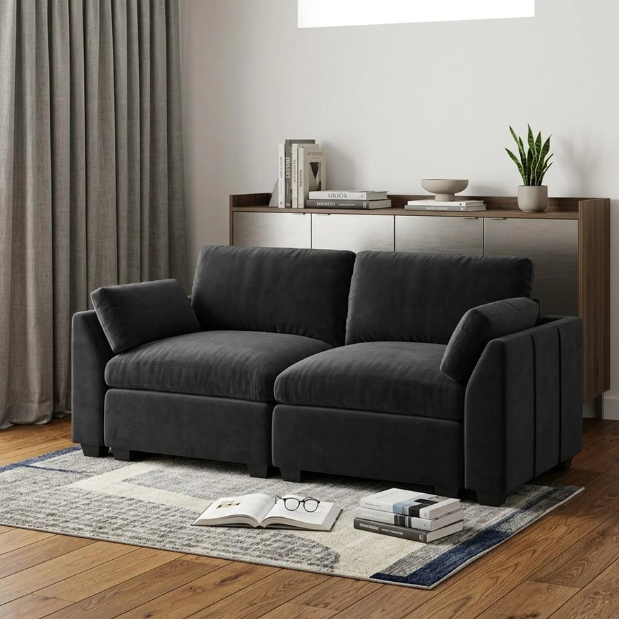 75" Black Velvet Modular Loveseat - 1