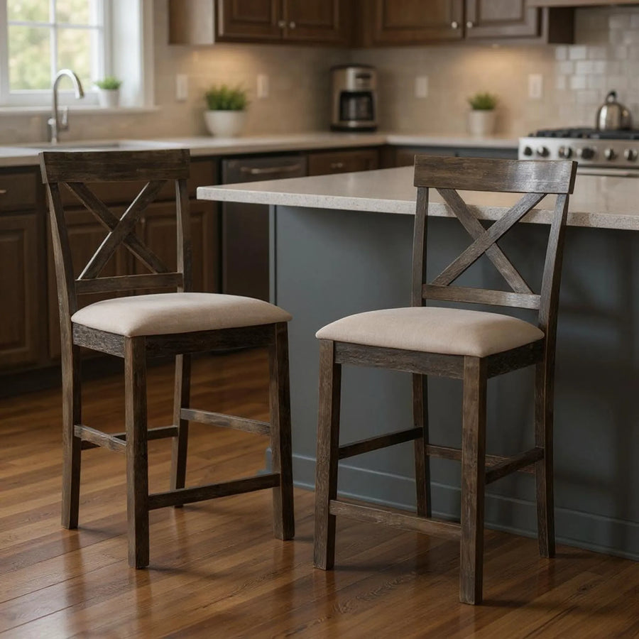 Set of Two 26" Tan And Dark Gray Linen And Solid Wood Counter Height Bar Chairs