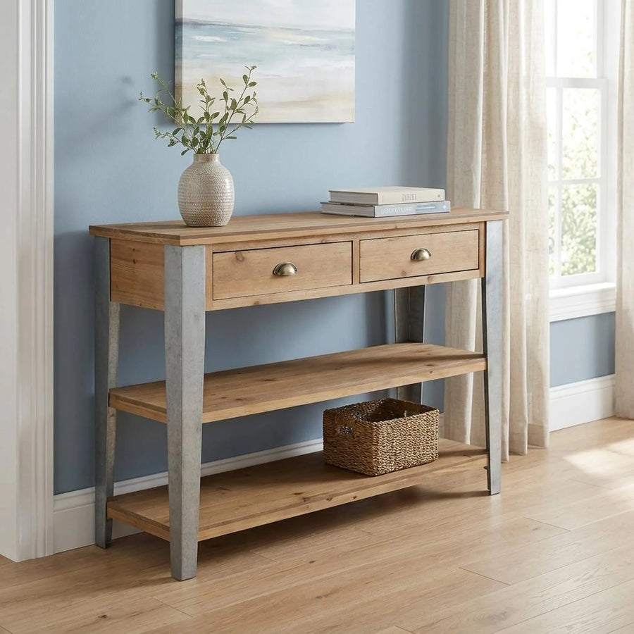 48" Natural and Gray Wood Console Table With Two Shelves And Two Drawers - 1