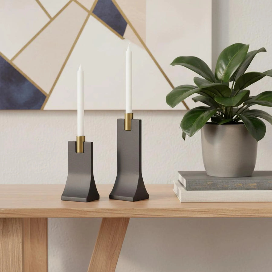 Set of Two Black And Gold Distressed Hammered Metal Tabletop Taper Candle