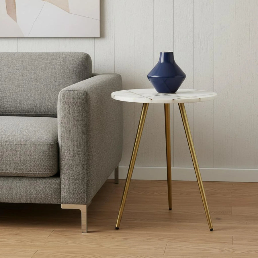 16" White and Gold Stone and Metal Tray Table - 1