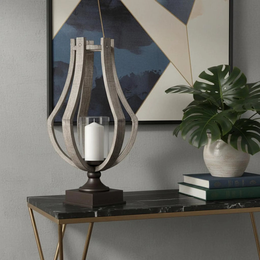 25" Brown Distressed Geometric Solid Wood Metal And Glass Tabletop Hurricane Candle Holder - 1