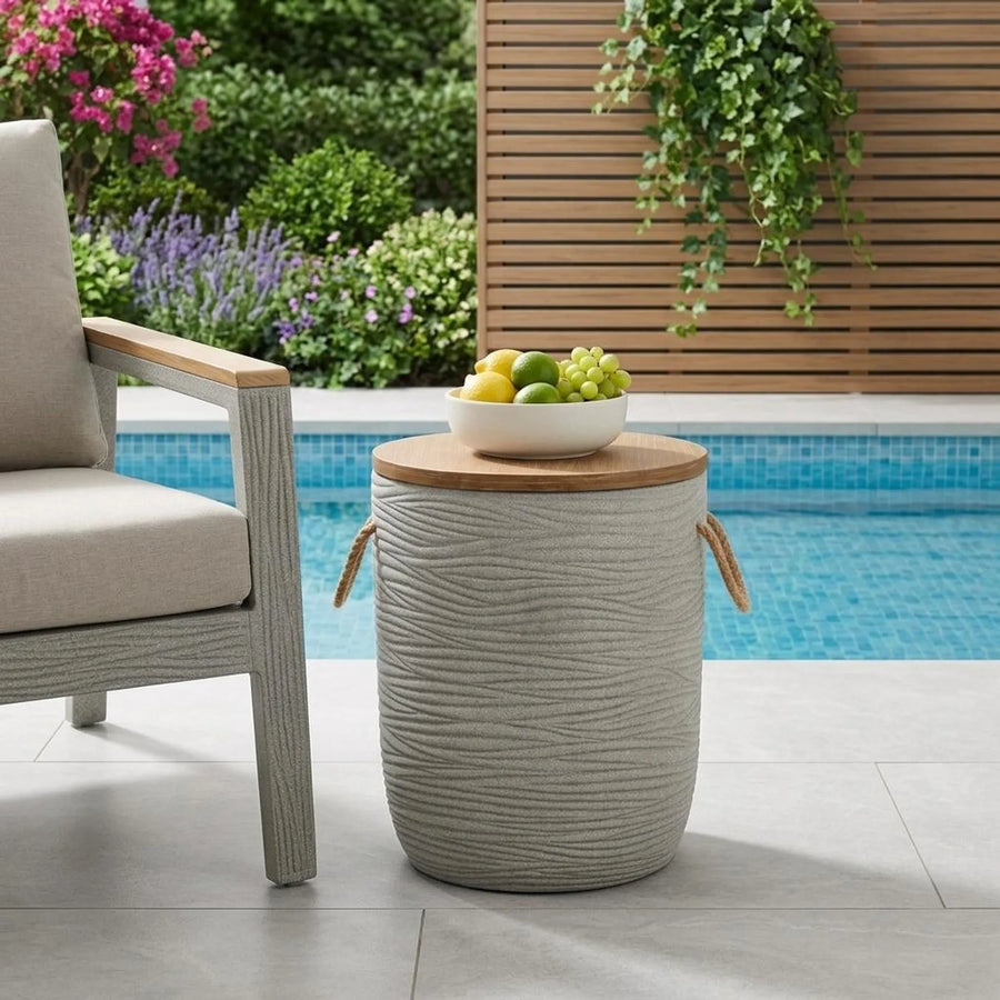 14" Natural and Gray Solid Wood and Faux Concrete Round Outdoor Side Table - 1