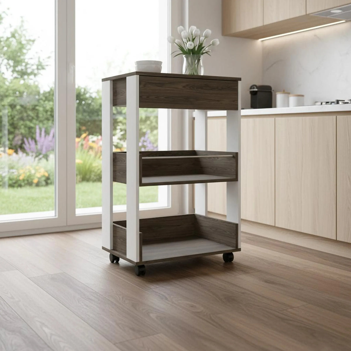 23-Inch Dark Brown and White Rolling Kitchen Cart with Storage