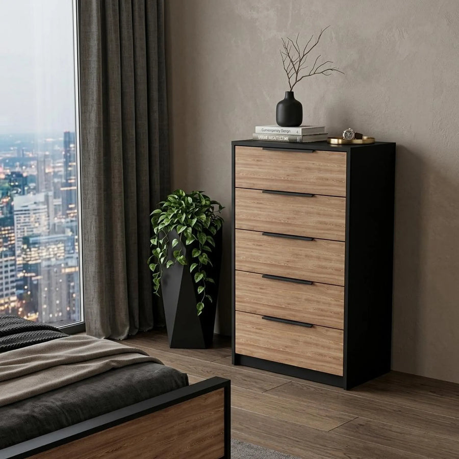18" Black And Light Brown Wood Five Drawer Dresser - 1