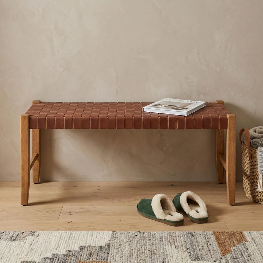 48" Brown and Natural Genuine Leather and Solid Wood Bench - 1
