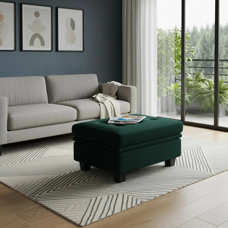 32" Green And Black Velvet Tufted Ottoman With Storage - 1