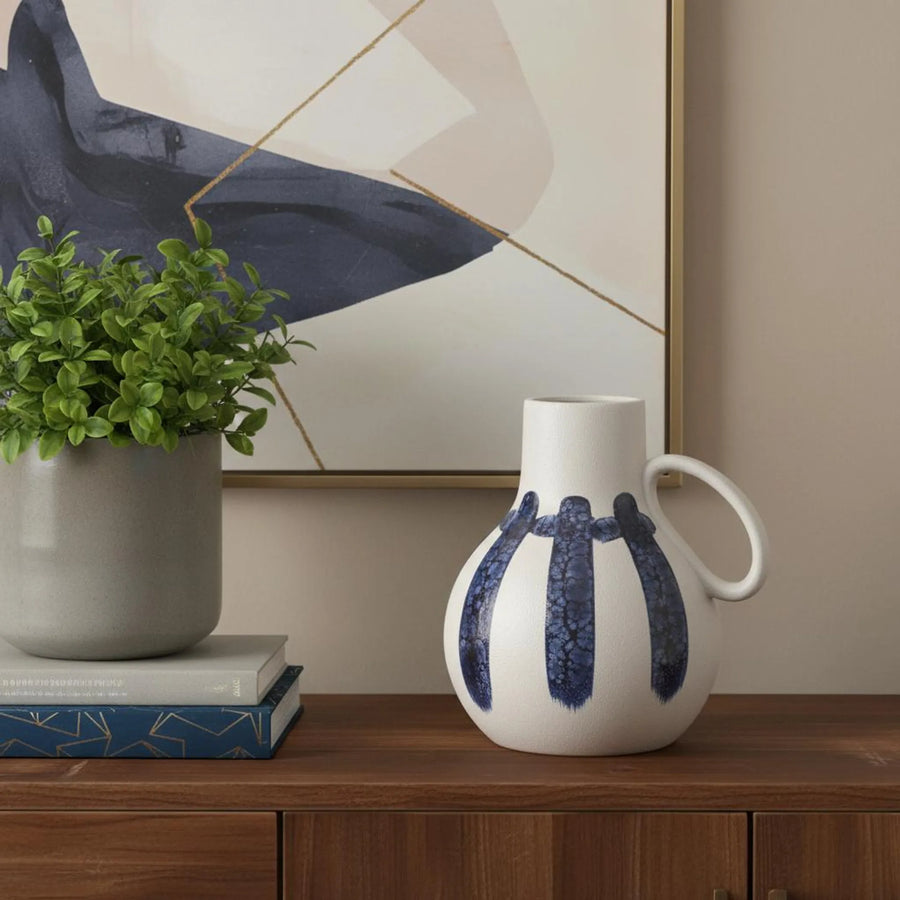 10" White And Blue Abstract Ceramic Amphora Jug Vase - 1