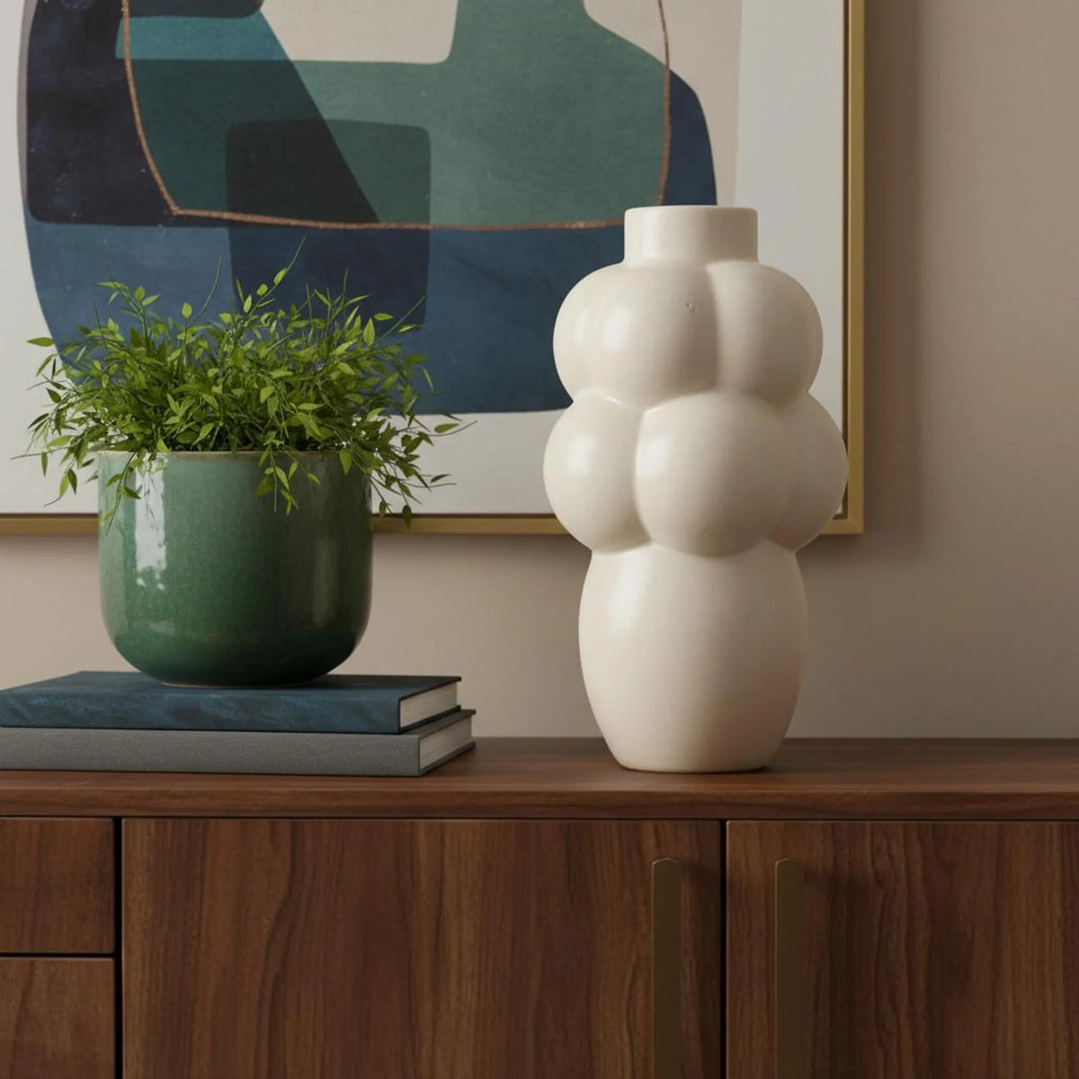 14" Cream Ceramic Modern Abstract Bubbles Table Vase - 1