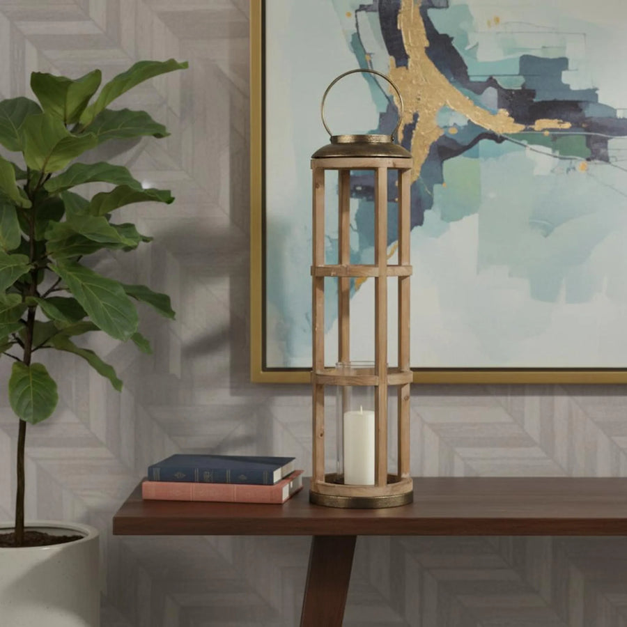 35" Natural And Brass Distressed Geometric Solid Wood And Metal Tabletop Lantern Candle Holder - 1