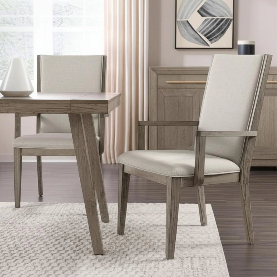 Set of Two Gray Fabric And Solid Wood Dining Arm Chairs
