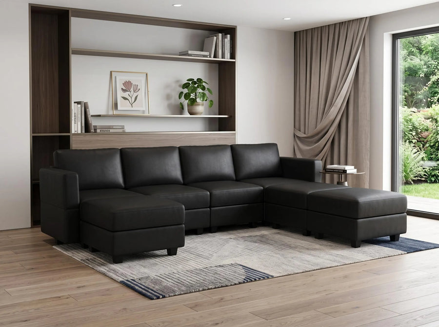 Black Faux Leather Modular Seven Piece Storage Sectional With Ottomans - 1
