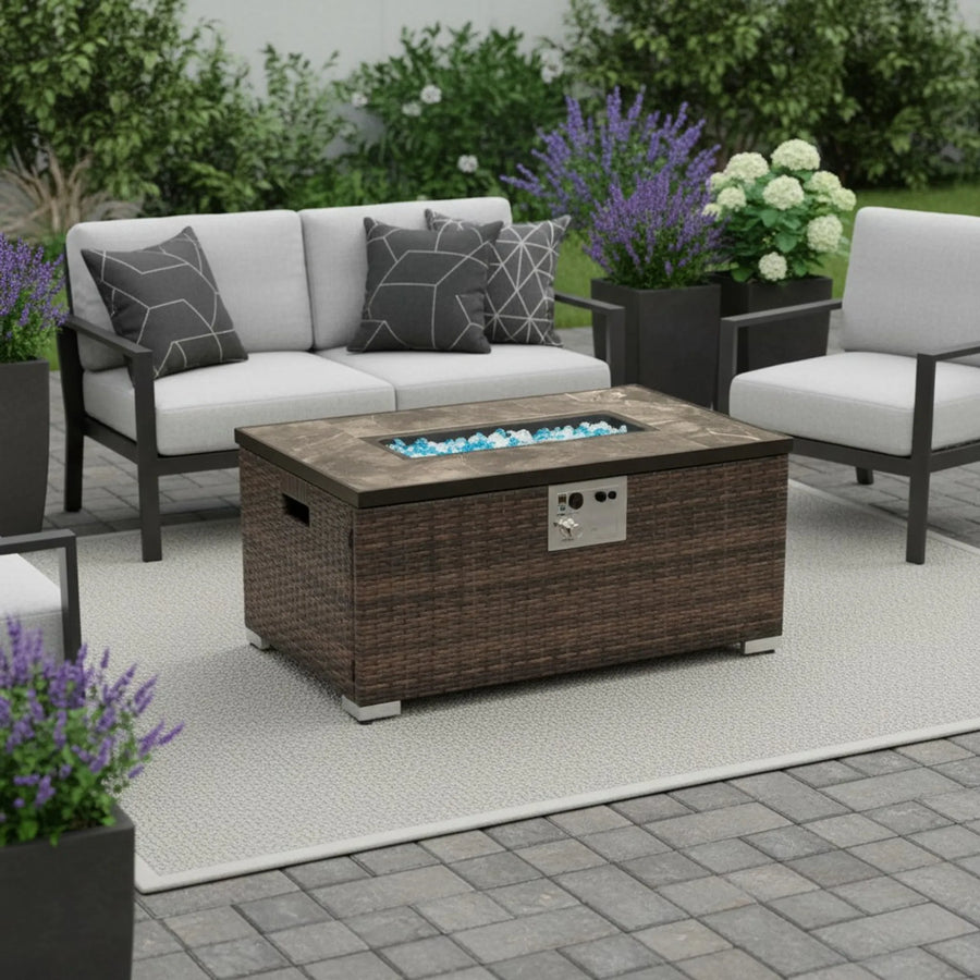 50000 BTU 32" Brown Rattan Propane Rectangular Fire Pit Table With Cover - 1