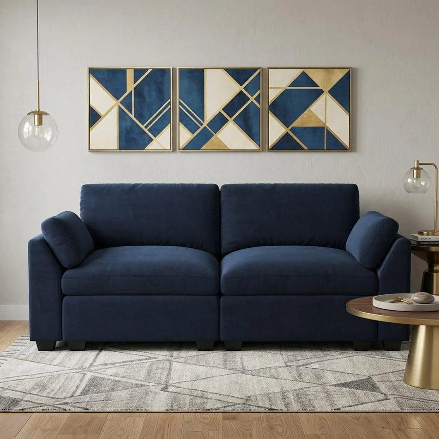 75" Navy Blue and Black Velvet Modular Loveseat - 1