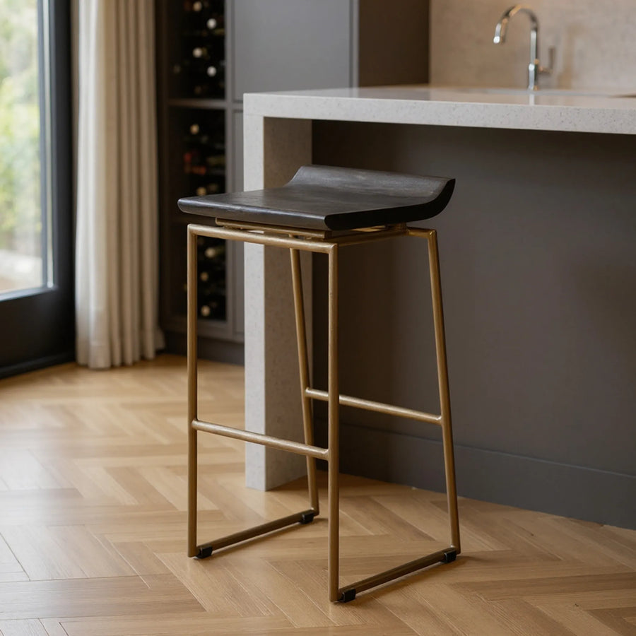 30" Black And Gold Solid Wood And Metal Backless Bar Height Bar Chair - 1