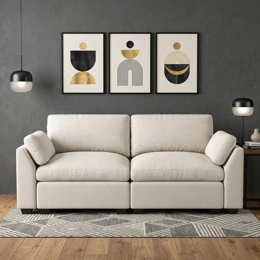 75" Beige and Black Velvet Modular Loveseat - 1